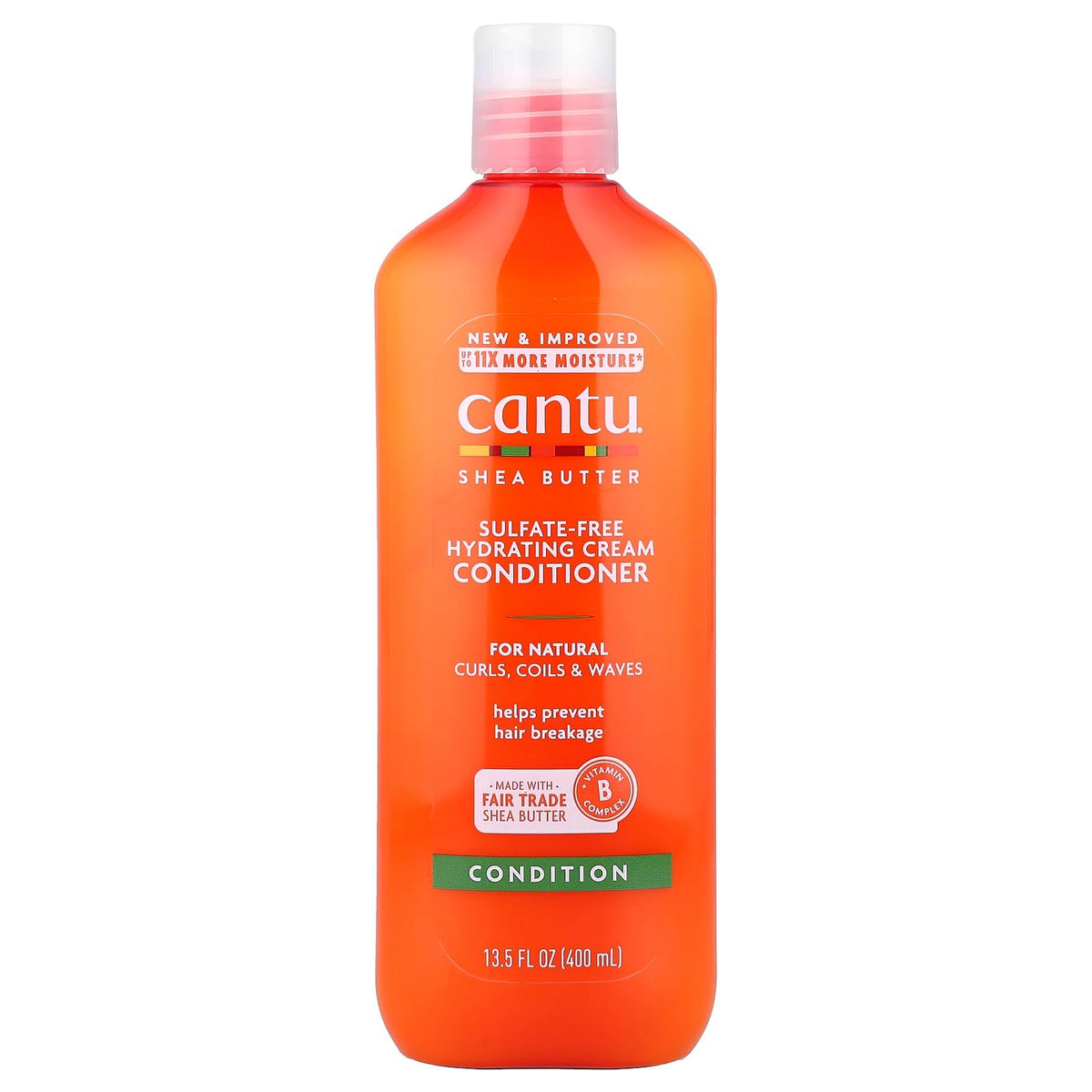 Cantu Shea Butter Acondicionador hidratante, botella vertiendo crema para rizos definidos.