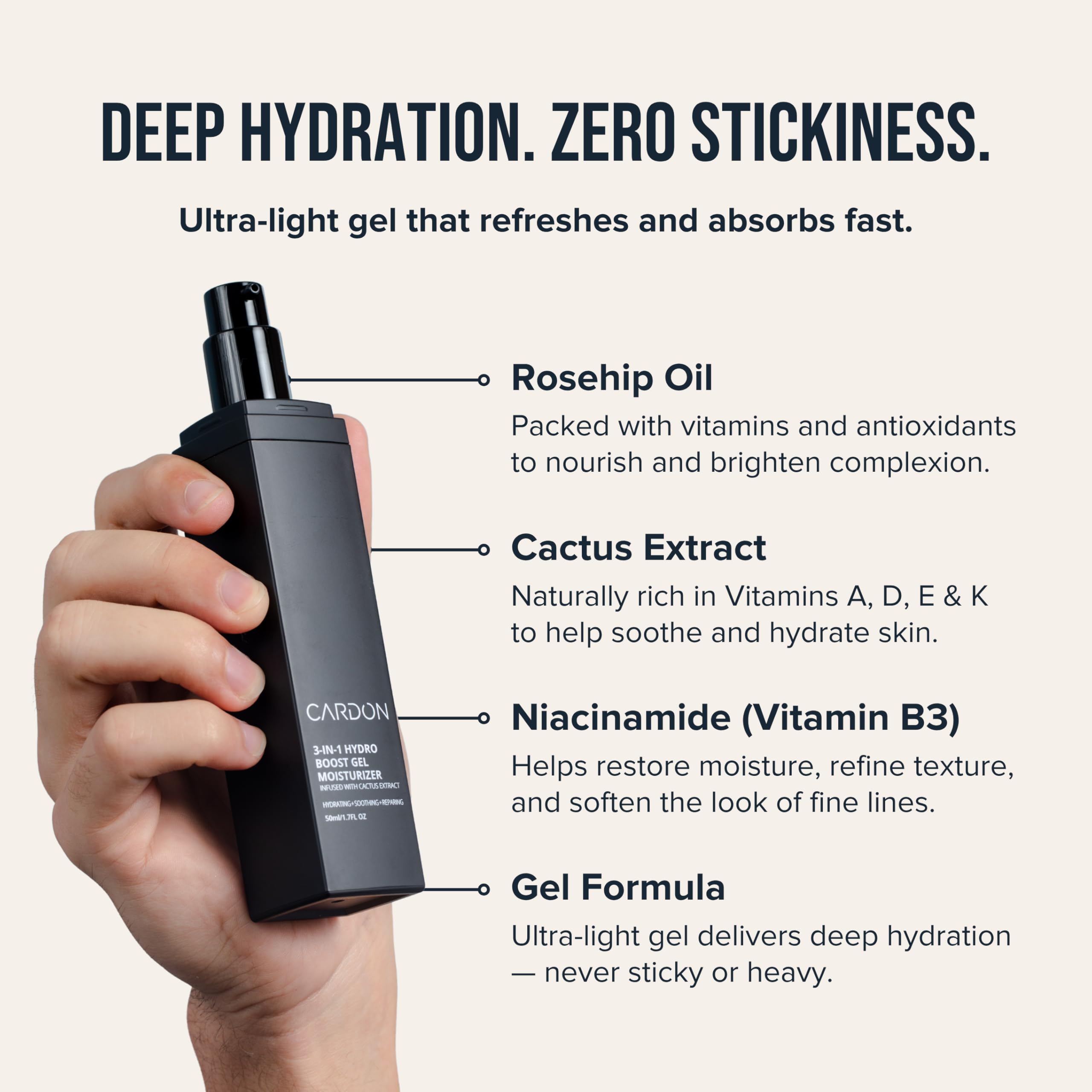Cardon gel ligero para rostro: absorción rápida y sensación fresca.