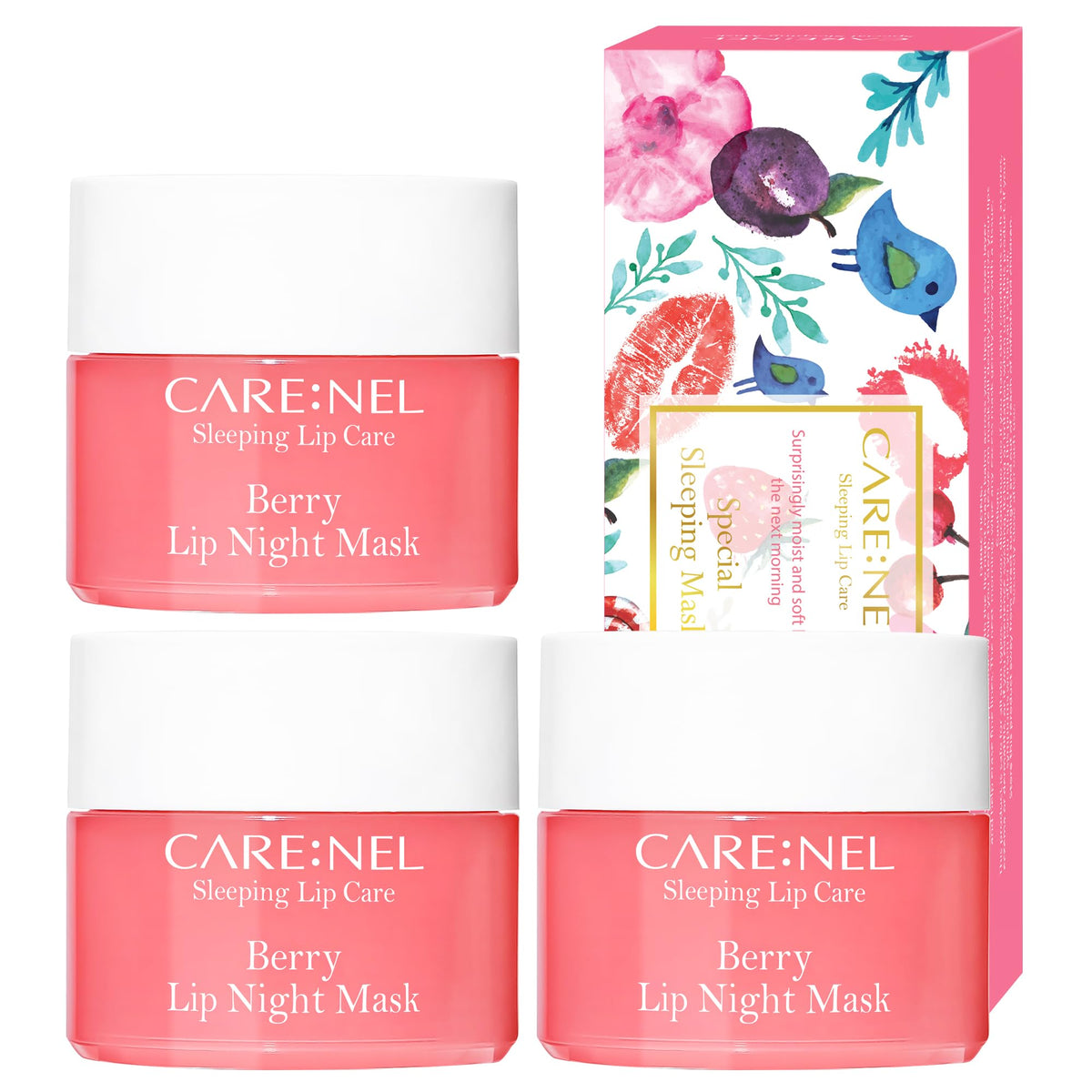CARE:NEL Lip Sleeping Mask Berry en caja de regalo, cuidado nocturno de labios.