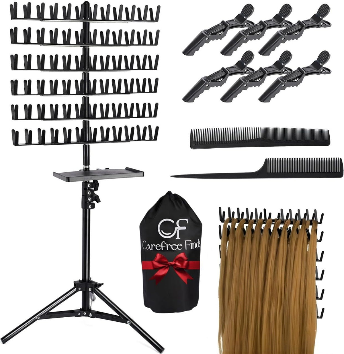 Estante para trenzas CAREFREE FINDS con bandeja desmontable para herramientas y organización.