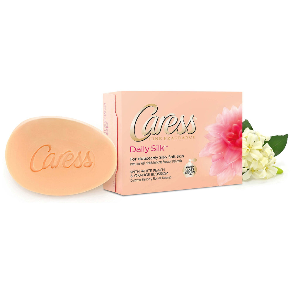 Envase de Caress Daily Silk listo para uso diario en el baño.