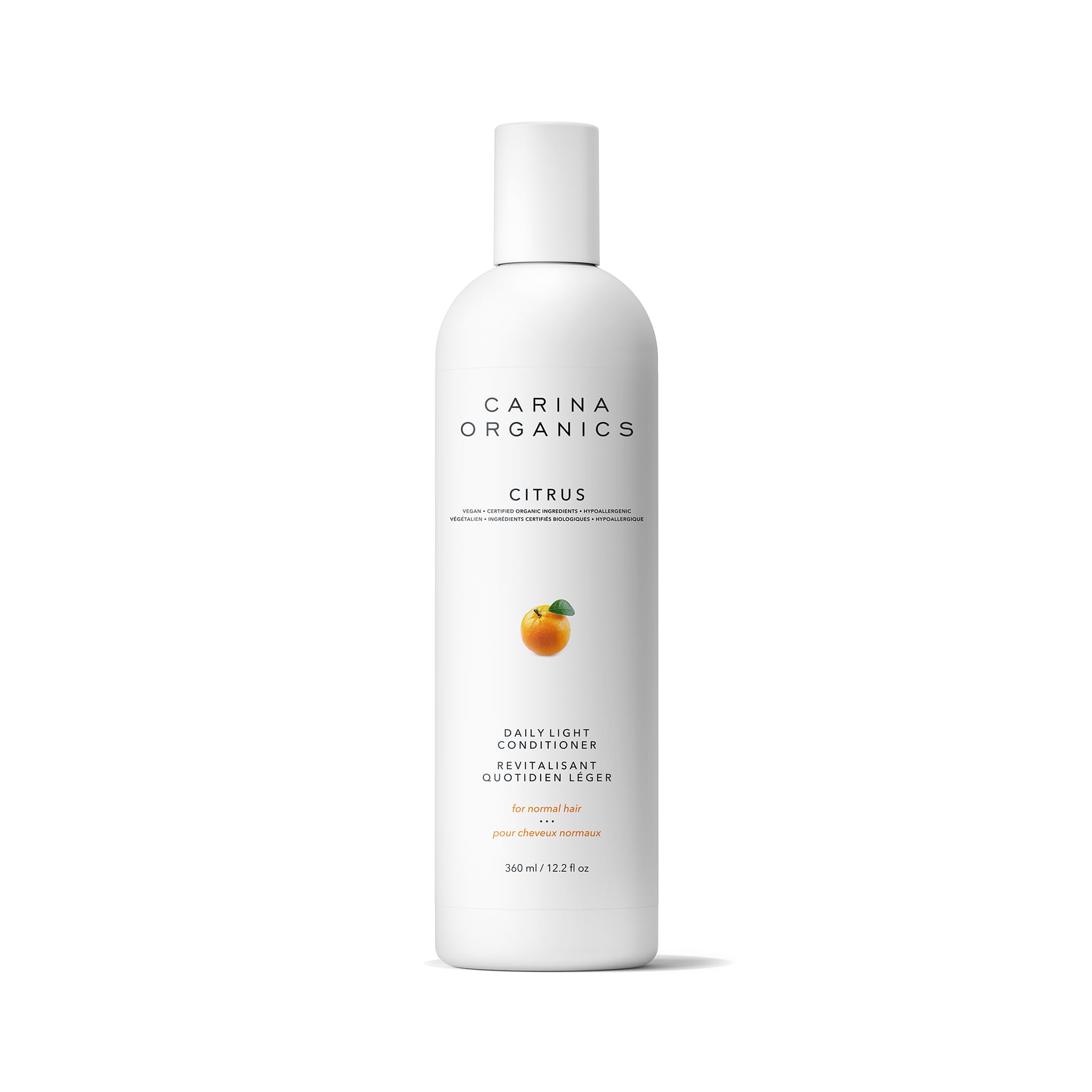 Acondicionador cítrico diario de Carina Organics, frasco, cabello suave.