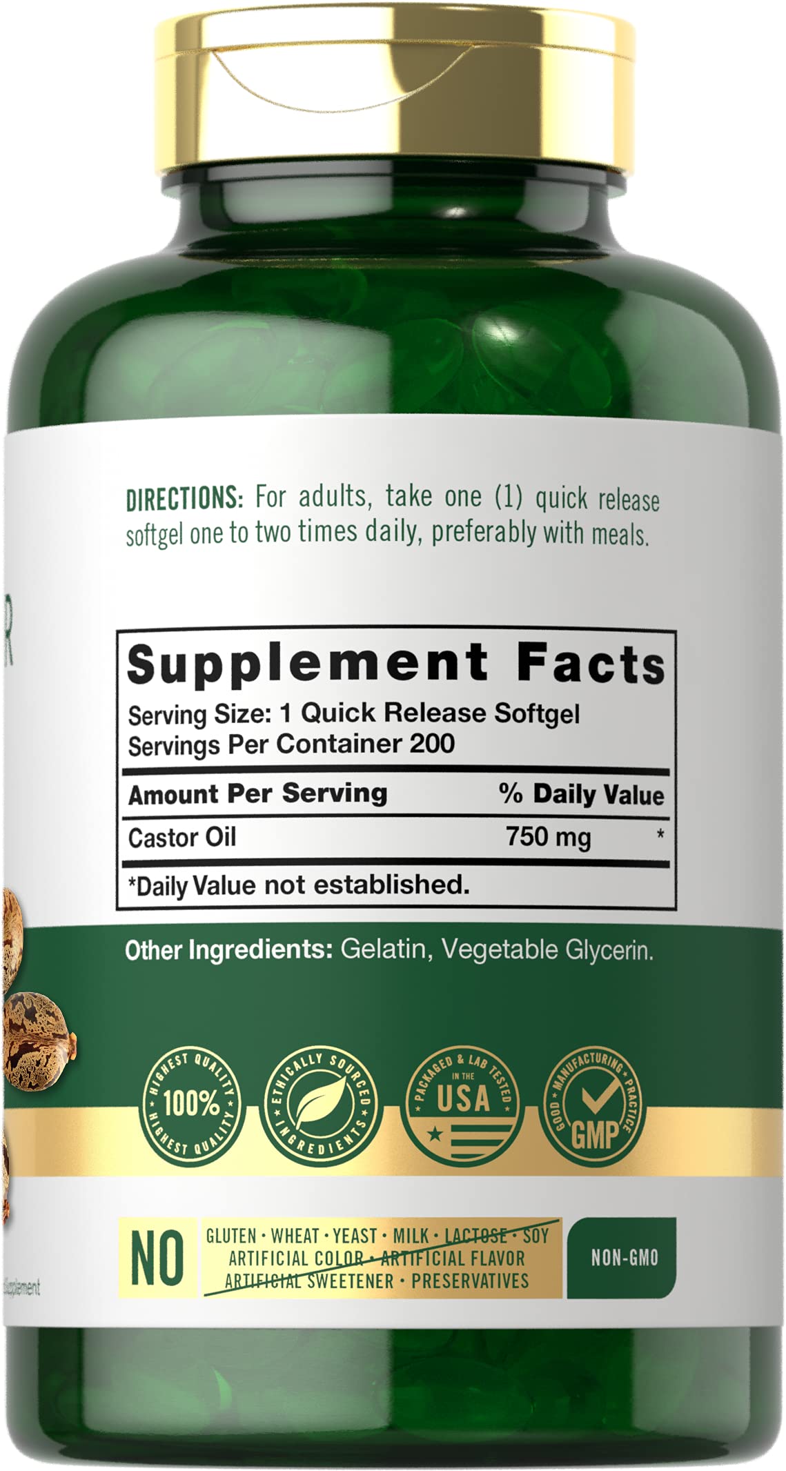 Carlyle Aceite de Ricino 750 mg, botella y etiqueta de calidad visible