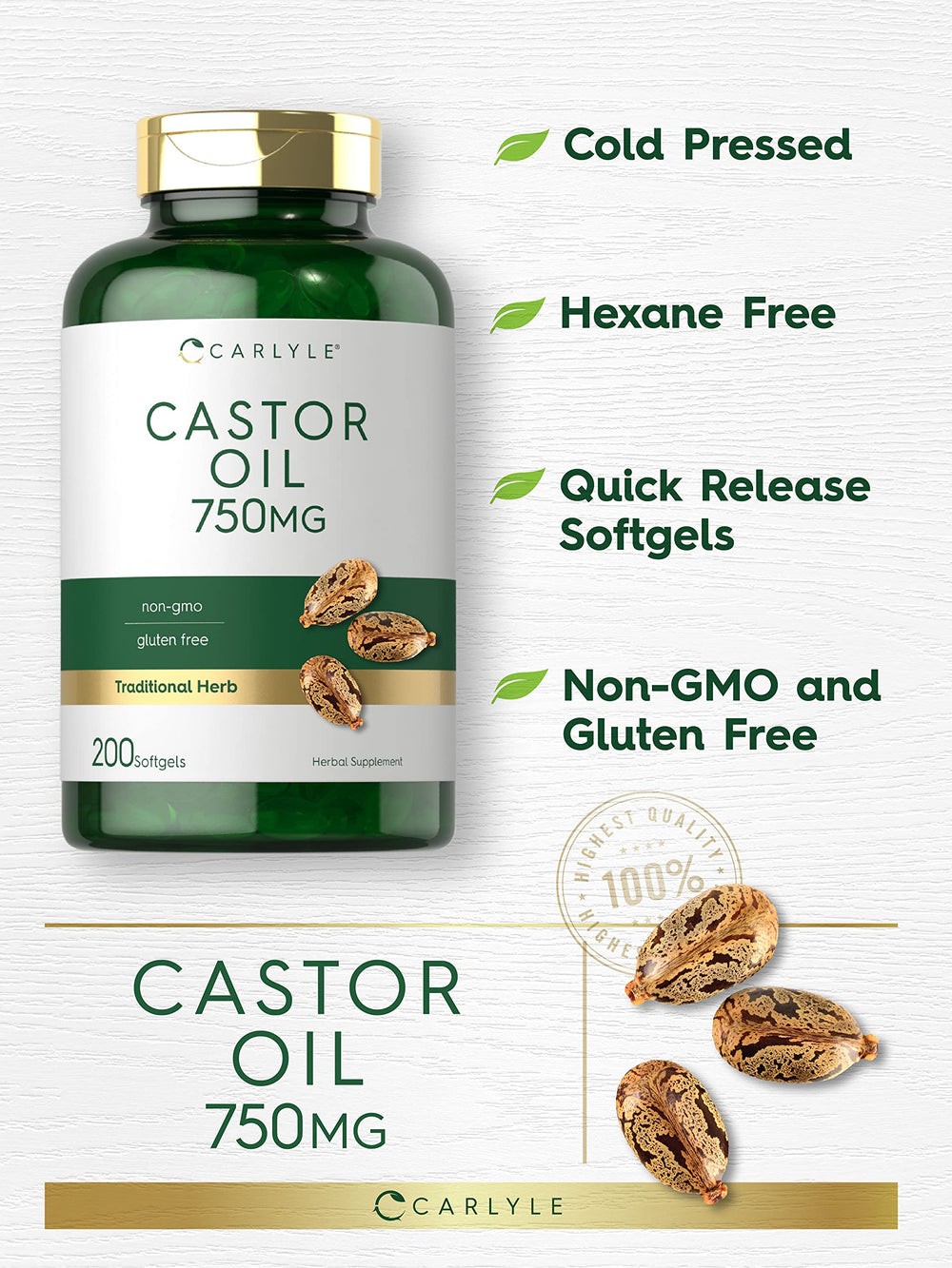Carlyle Aceite de Ricino 750 mg, cápsulas suaves en la mano para prueba de tamaño