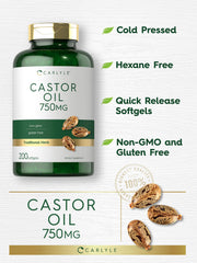 Carlyle Aceite de Ricino 750 mg, cápsulas suaves en la mano para prueba de tamaño