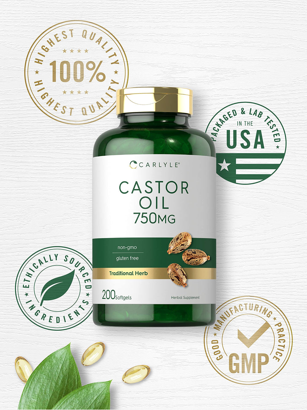 Carlyle Aceite de Ricino 750 mg, libre de gluten para dietas especiales