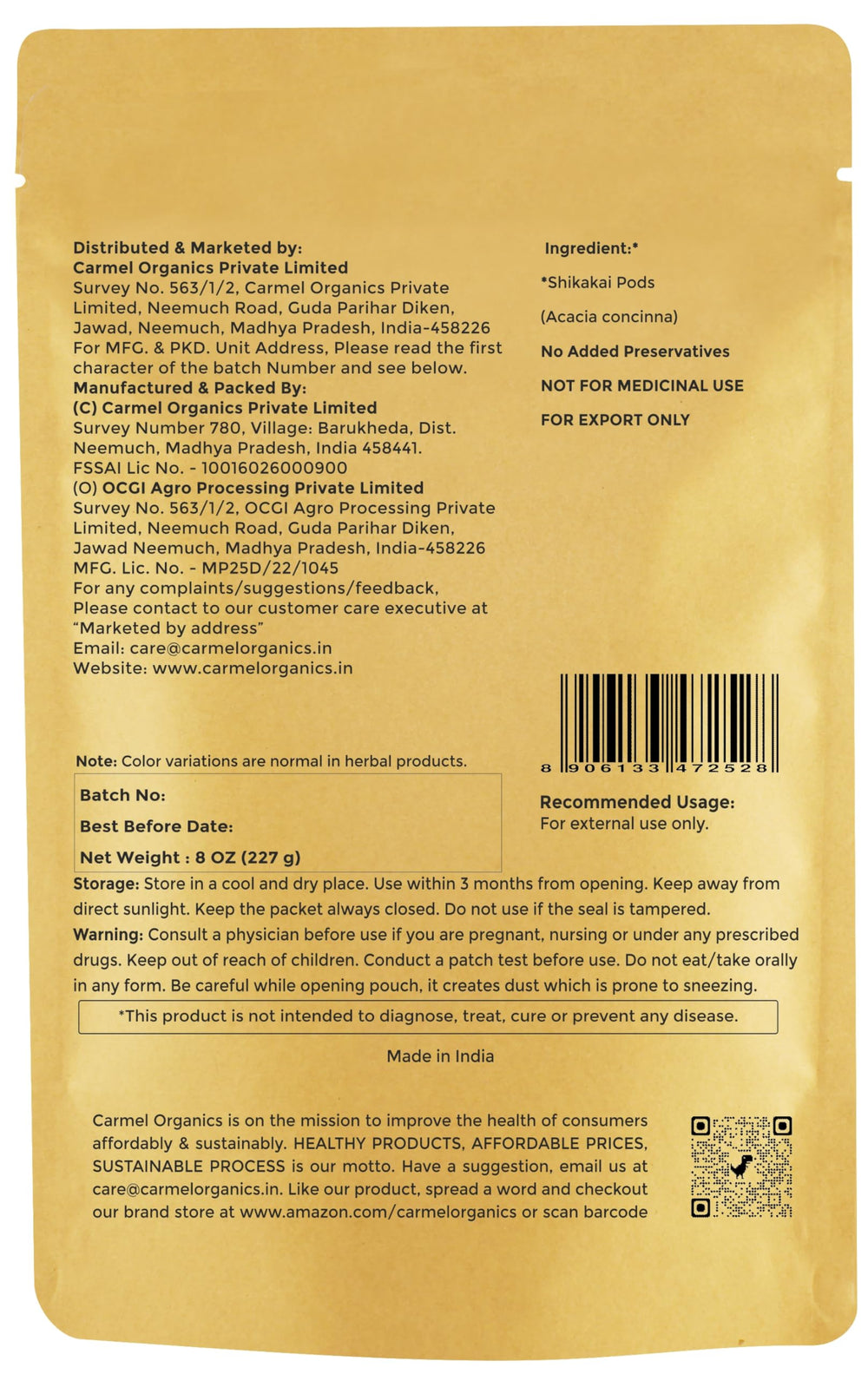 Carmel Organics polvo shikakai en cuenco, mezcla para mascarilla capilar