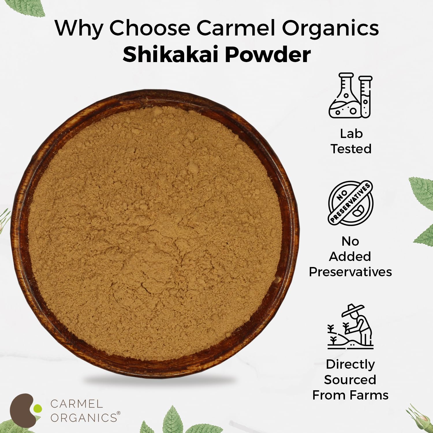 Carmel Organics polvo shikakai, textura y color para uso cosmético natural