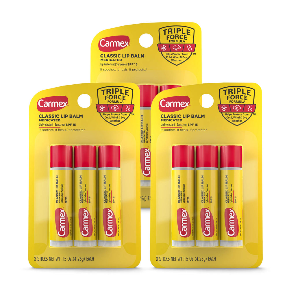 Carmex bálsamo labial clásico (bálsamo-labial-clásico-3-pack), uso diario para labios secos.