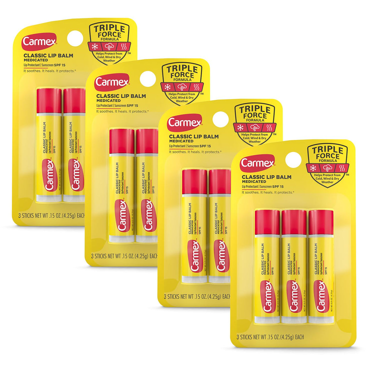 Carmex bálsamo labial clásico en paquete 4×3 para llevar
