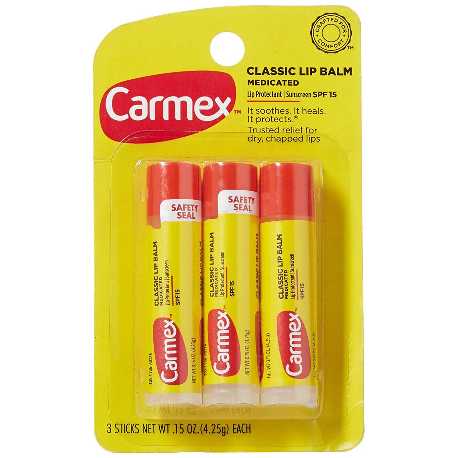 Carmex bálsamo labial original con tres barras, hidratación rápida y protección diaria.