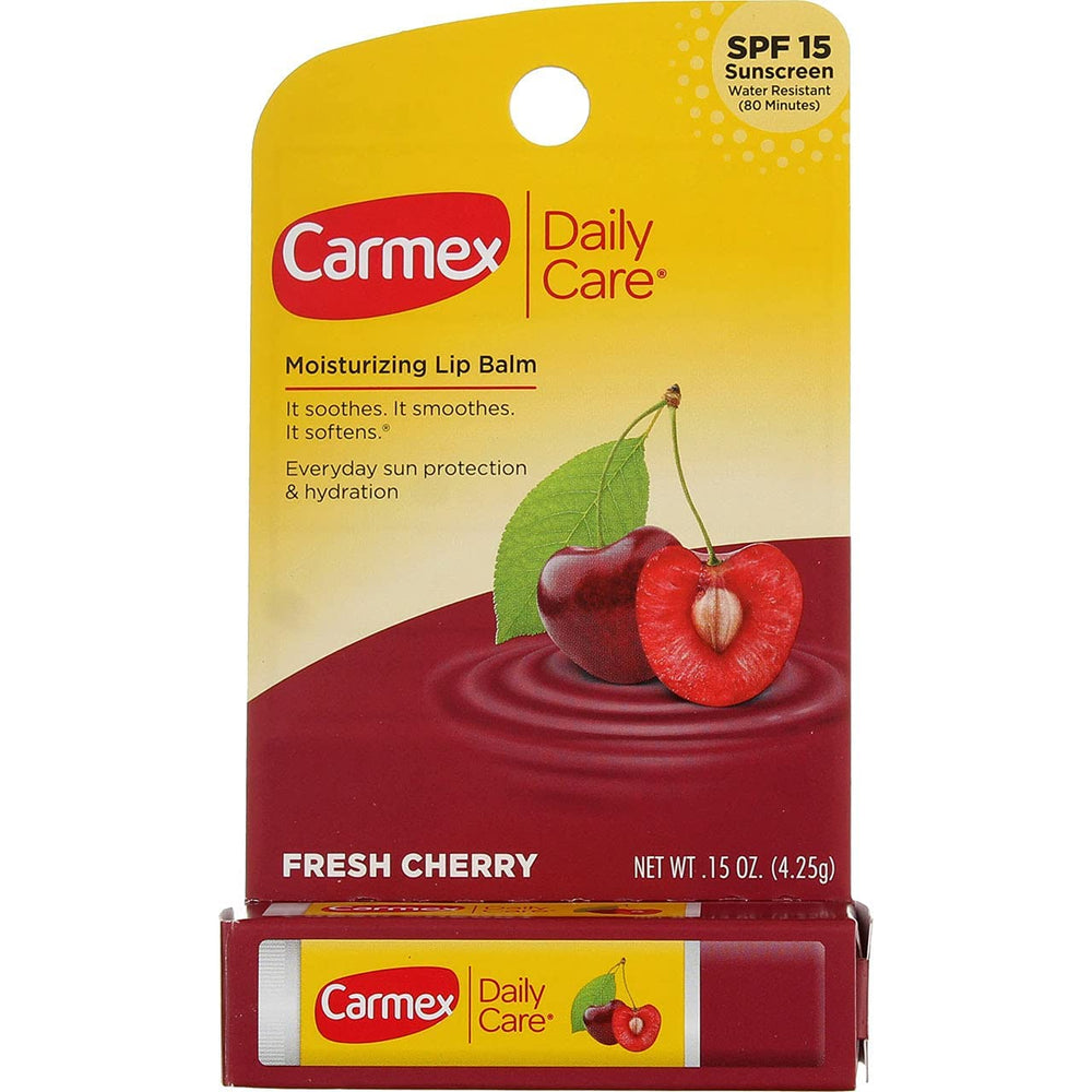 Carmex Click-Stick balsamo labial SPF15 con foco en color cereza para protección diaria.