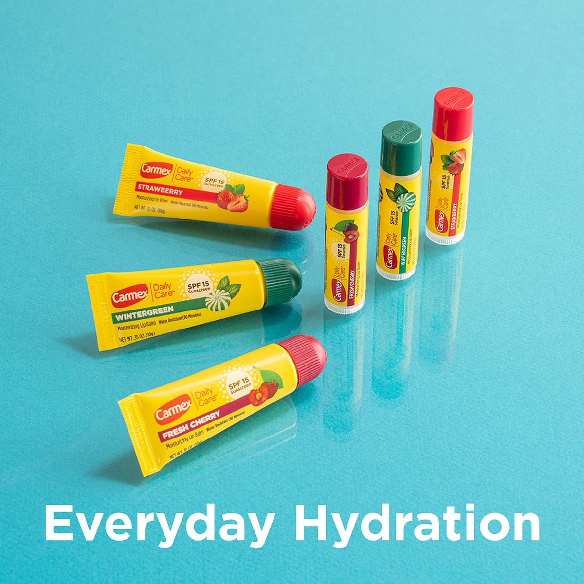 Bálsamo Carmex resistente al agua hasta 80 minutos para actividades al aire libre.