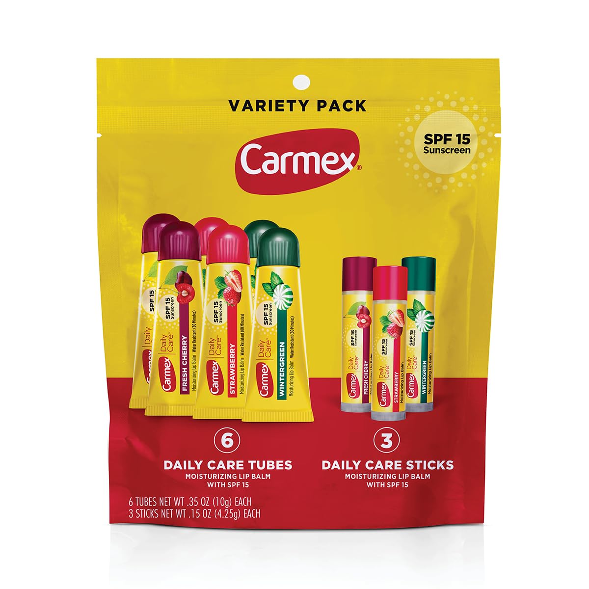 Carmex pack diario de bálsamos labiales para hidratación y protección.