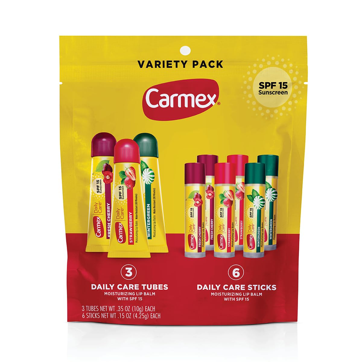 Bálsamo Carmex cuidado diario con SPF 15 para protección diaria de labios.