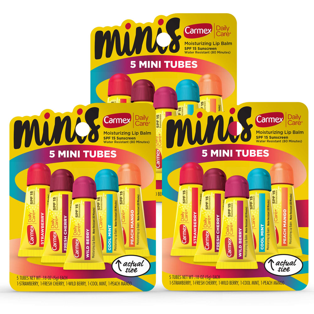 Bálsamo labial Carmex Minis en tubo SPF 15 para labios hidratados todo el día.