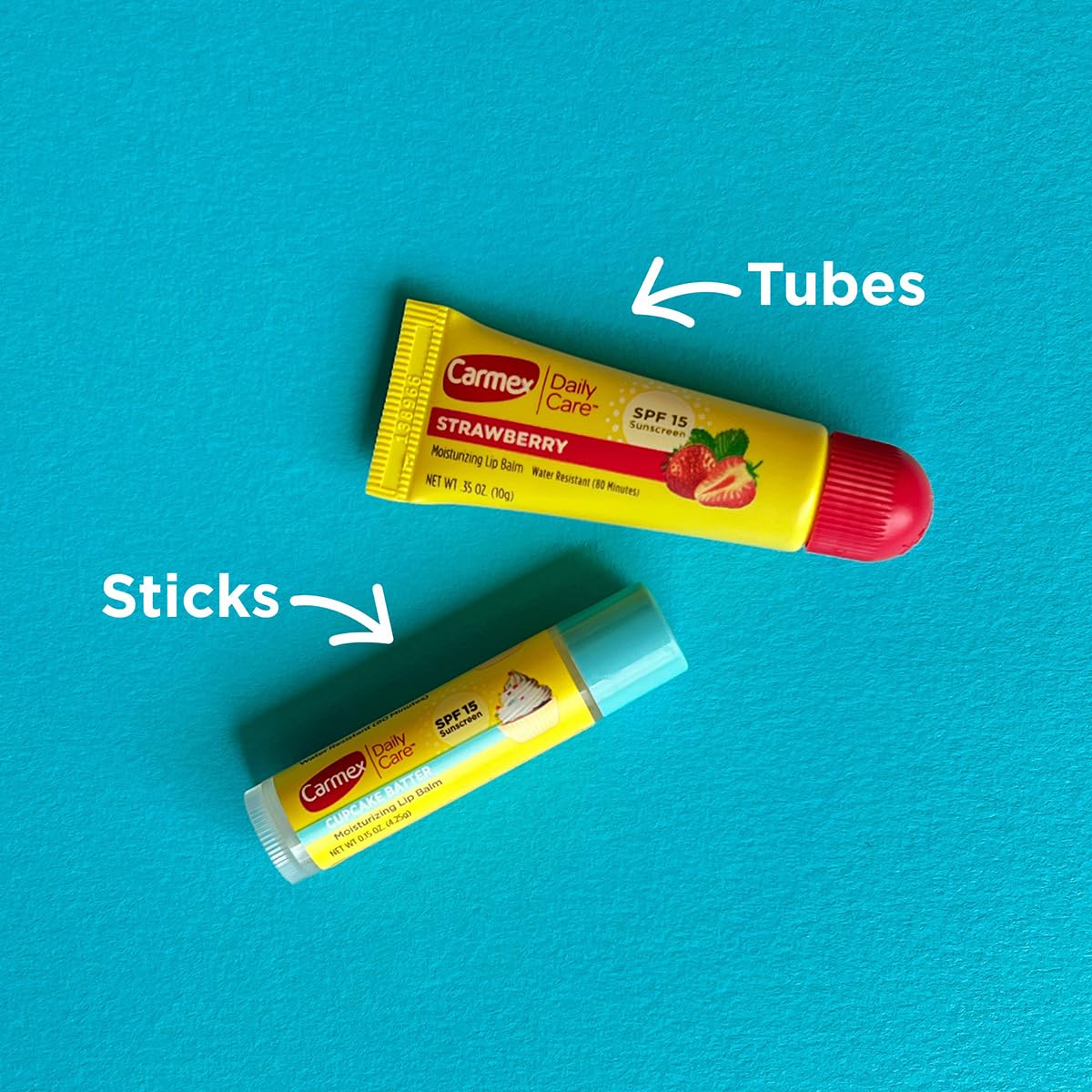 Carmex sabor cupcake masa bálsamo labial stick, aroma dulce.