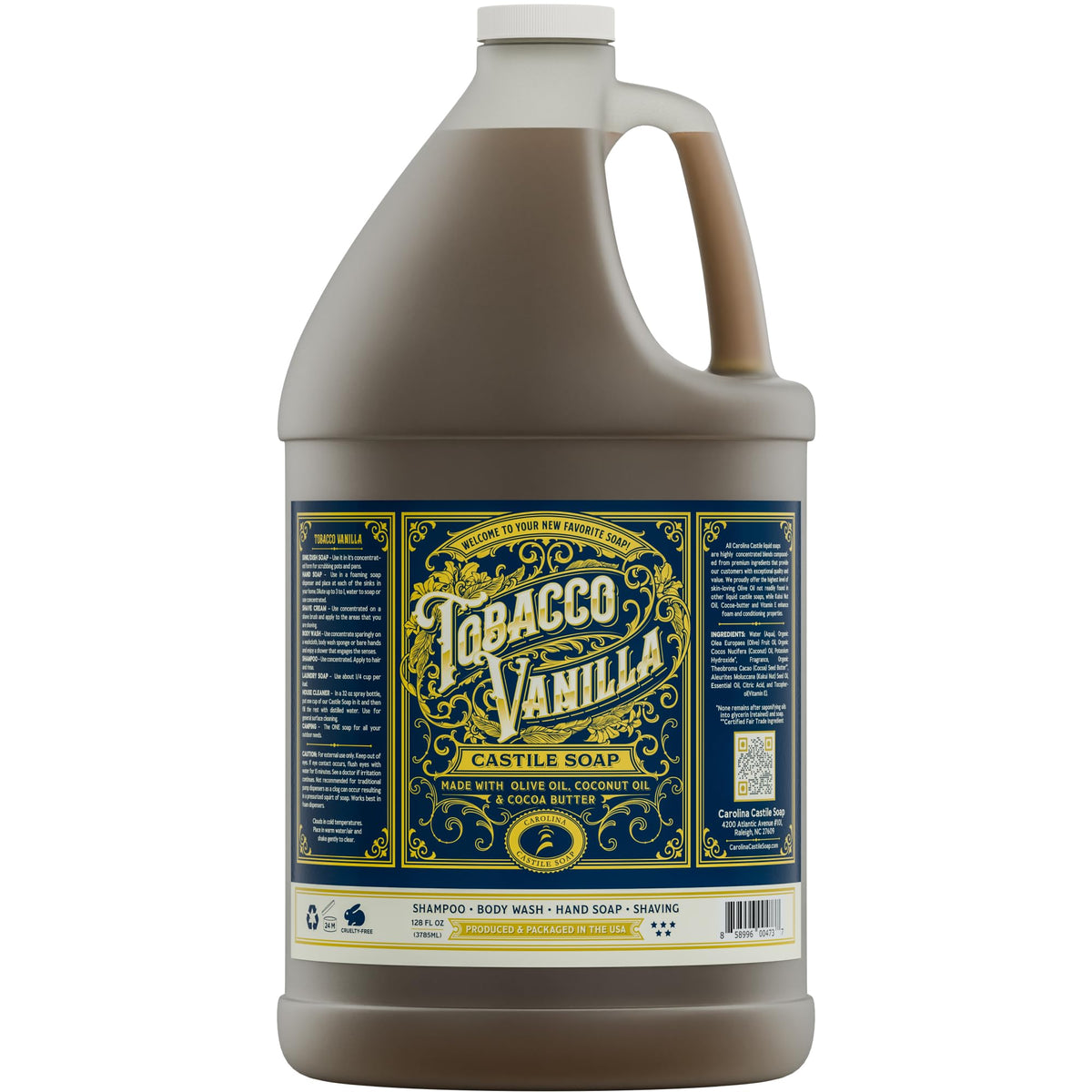 Carolina Castile Tobacco Vanilla: etiqueta atractiva para cuidado diario de piel sensible.