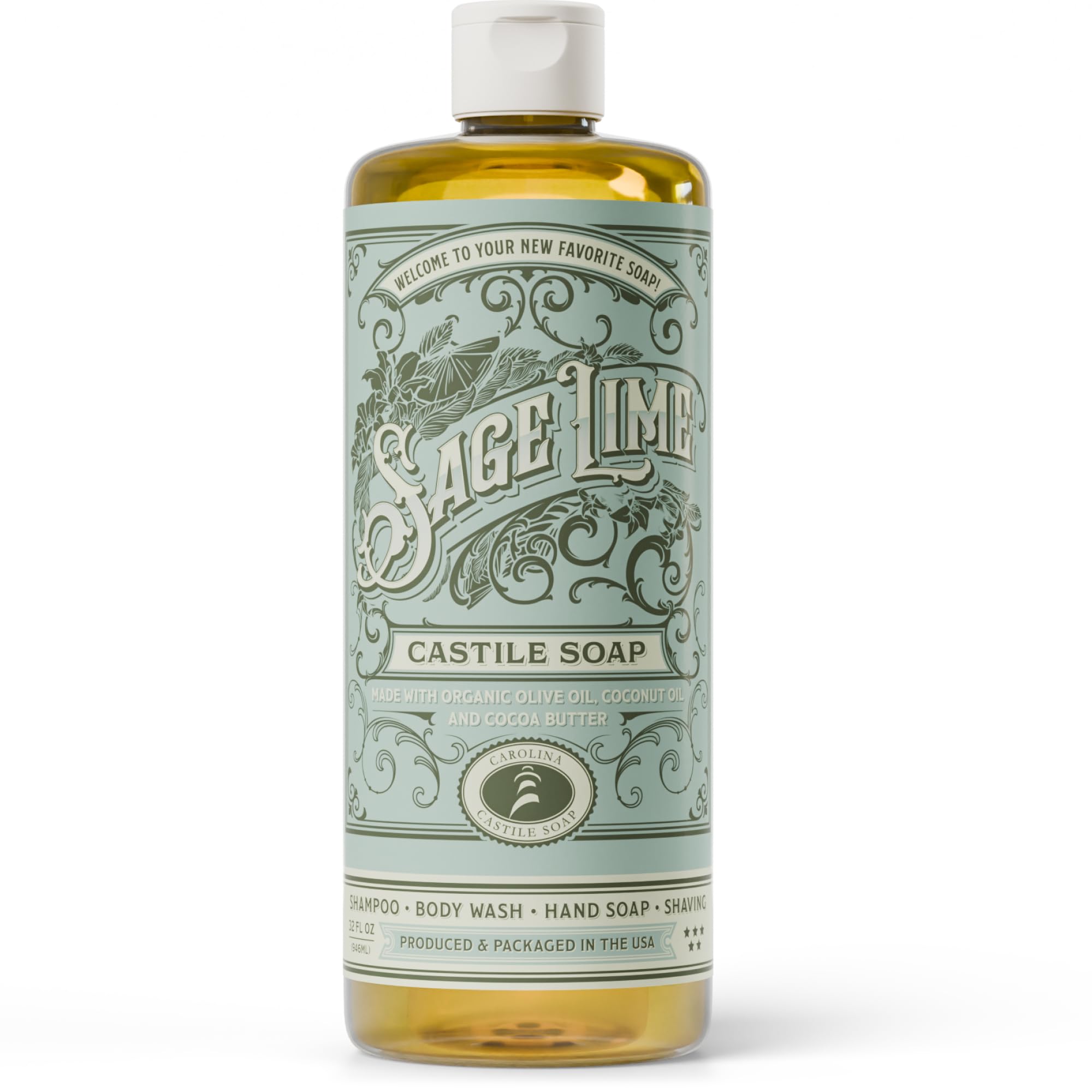 Carolina Castile Salvia Lima botella: aroma terroso y cítrico para piel sensible.