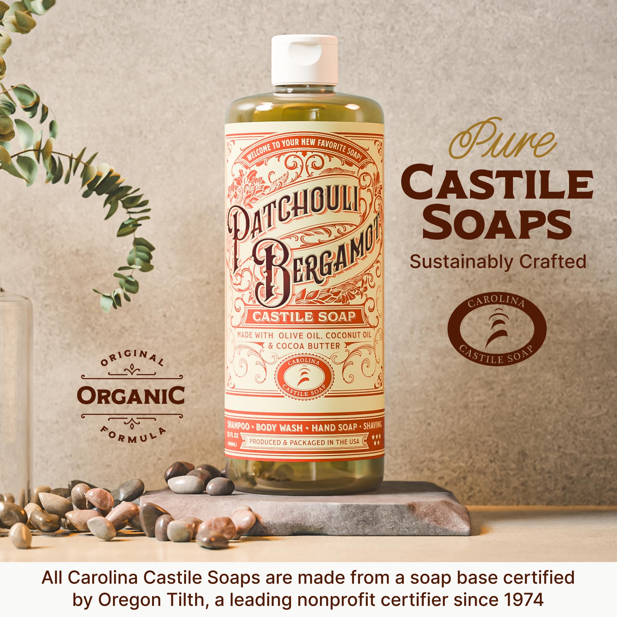 Carolina Castile Soap Hecho en Estados Unidos, proceso responsable con aceites vegetales.
