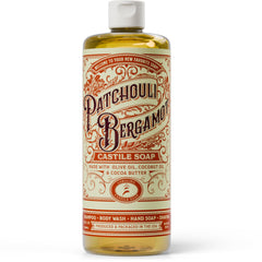 Jabón Carolina Castile Patchouli Bergamot, botella para uso diario con aroma duradero.