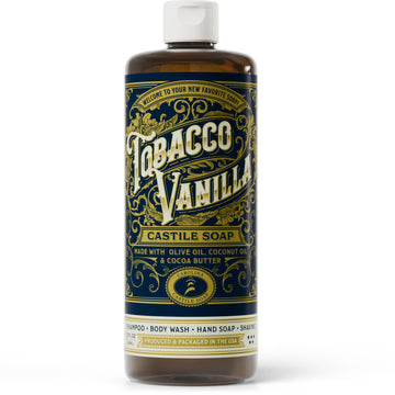 Carolina Castile Tobacco Vanilla bottle front showing a gentle, versatile wash for skin and hair.