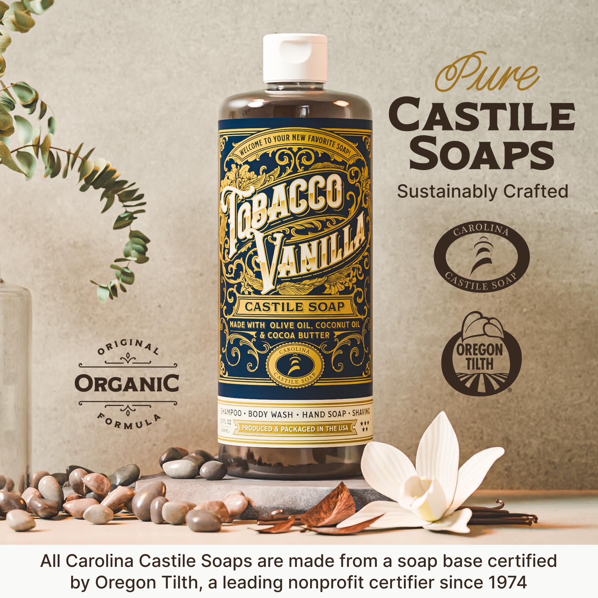 Carolina Castile Tobacco Vanilla packaging showcases USA-made castile soap with natural fragrance.