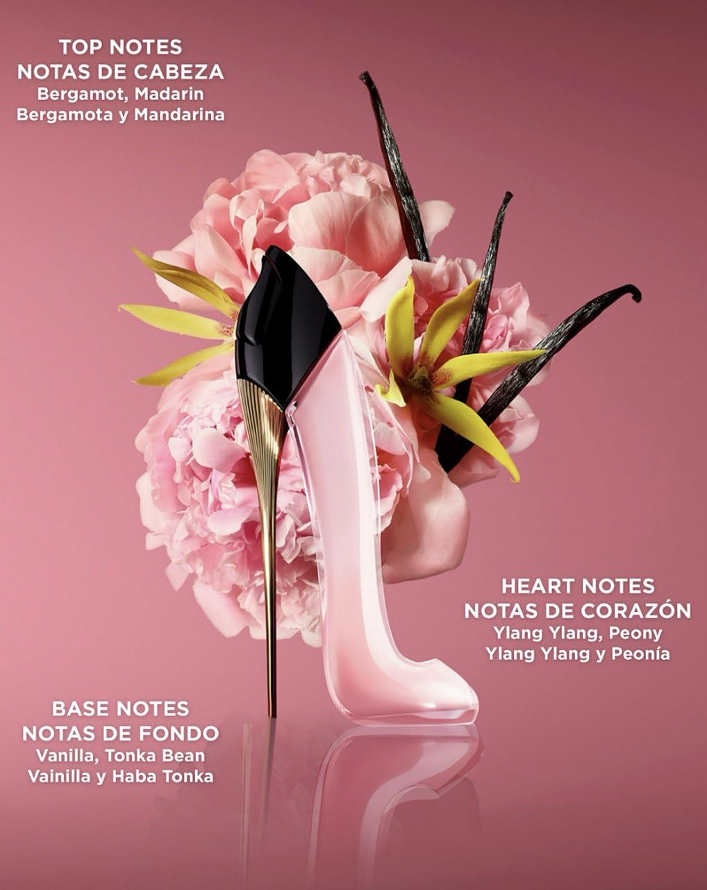 Carolina Herrera Good Girl Blush Elixir notes graphic, rose and patchouli for evening allure.