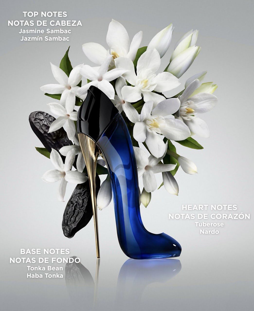Carolina Herrera Good Girl notes graphic, jasmine sambac and almond hint at a refined scent experience.