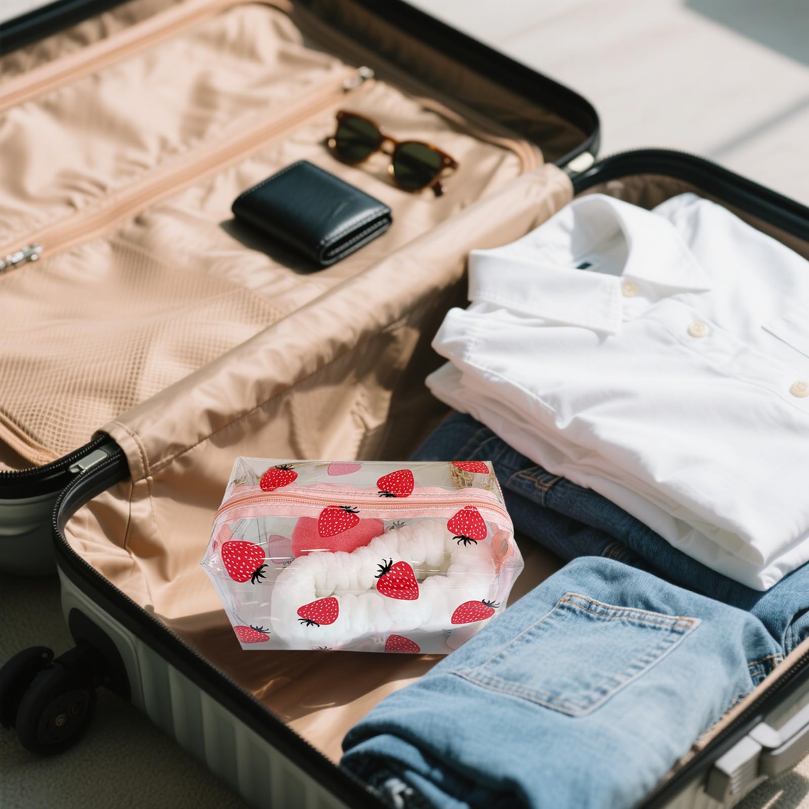 CarryEpic estuche transparente para viaje, multifuncional para cosméticos, botellas y accesorios.