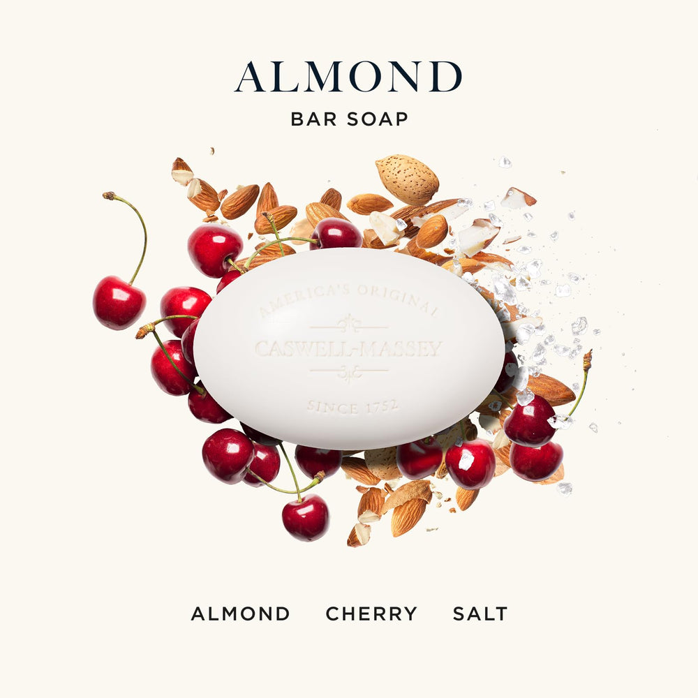 Caswell-Massey Almond, ingredientes visibles, fórmula a base de plantas para piel suave.