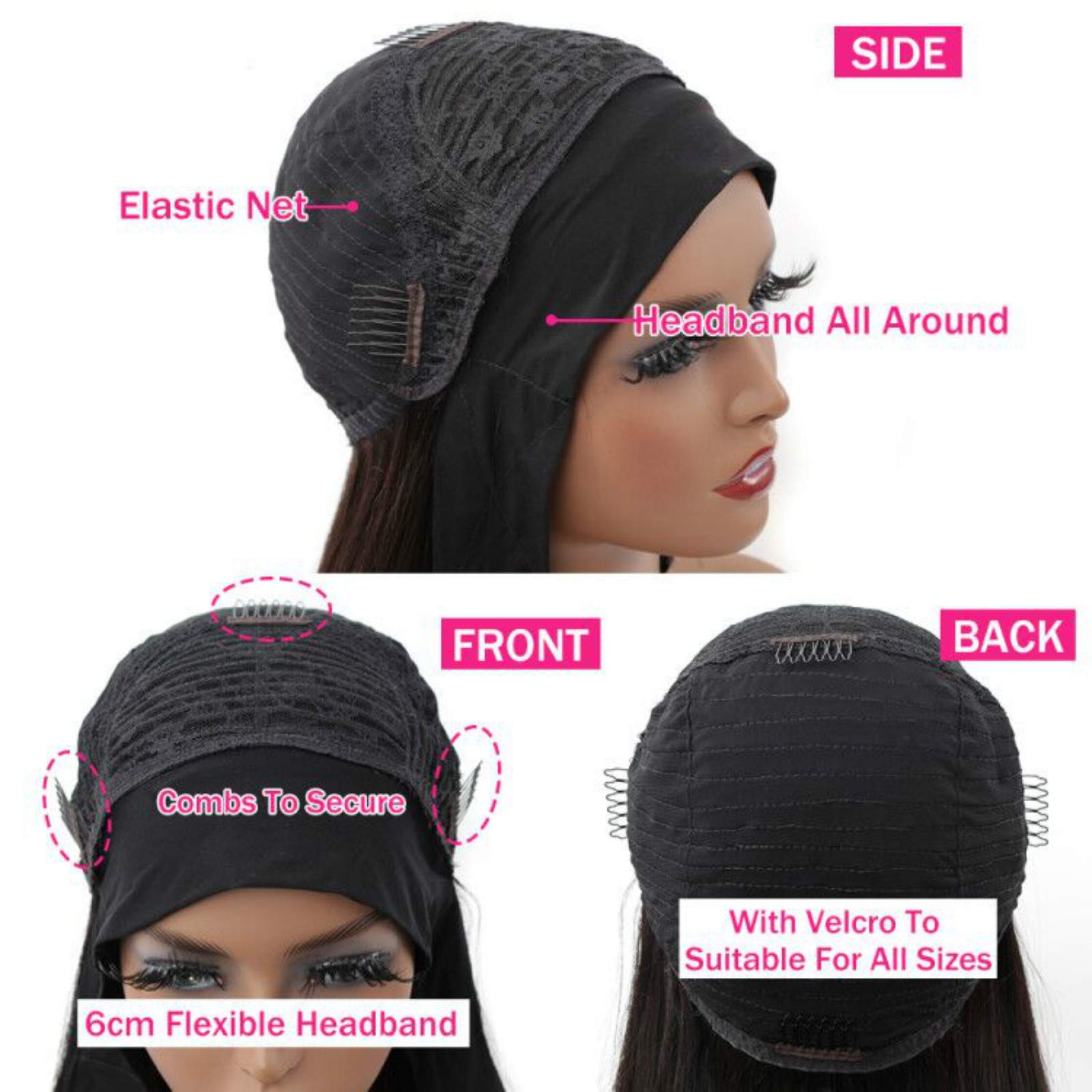 Catti Headband Wig con gorra elástica transpirable para comodidad.