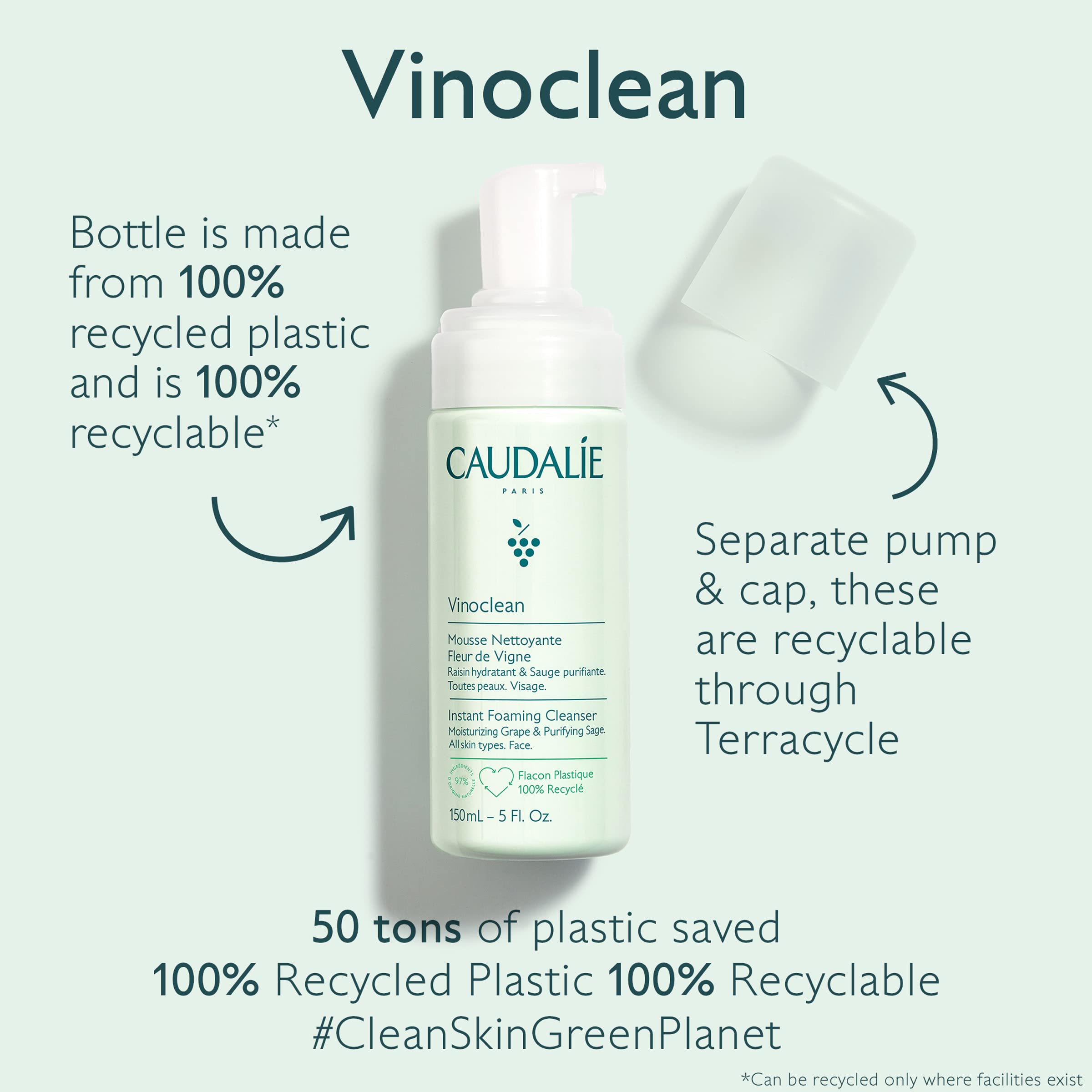 Caudalie Vinoclean aplicación suave de mañana y noche para piel limpia.