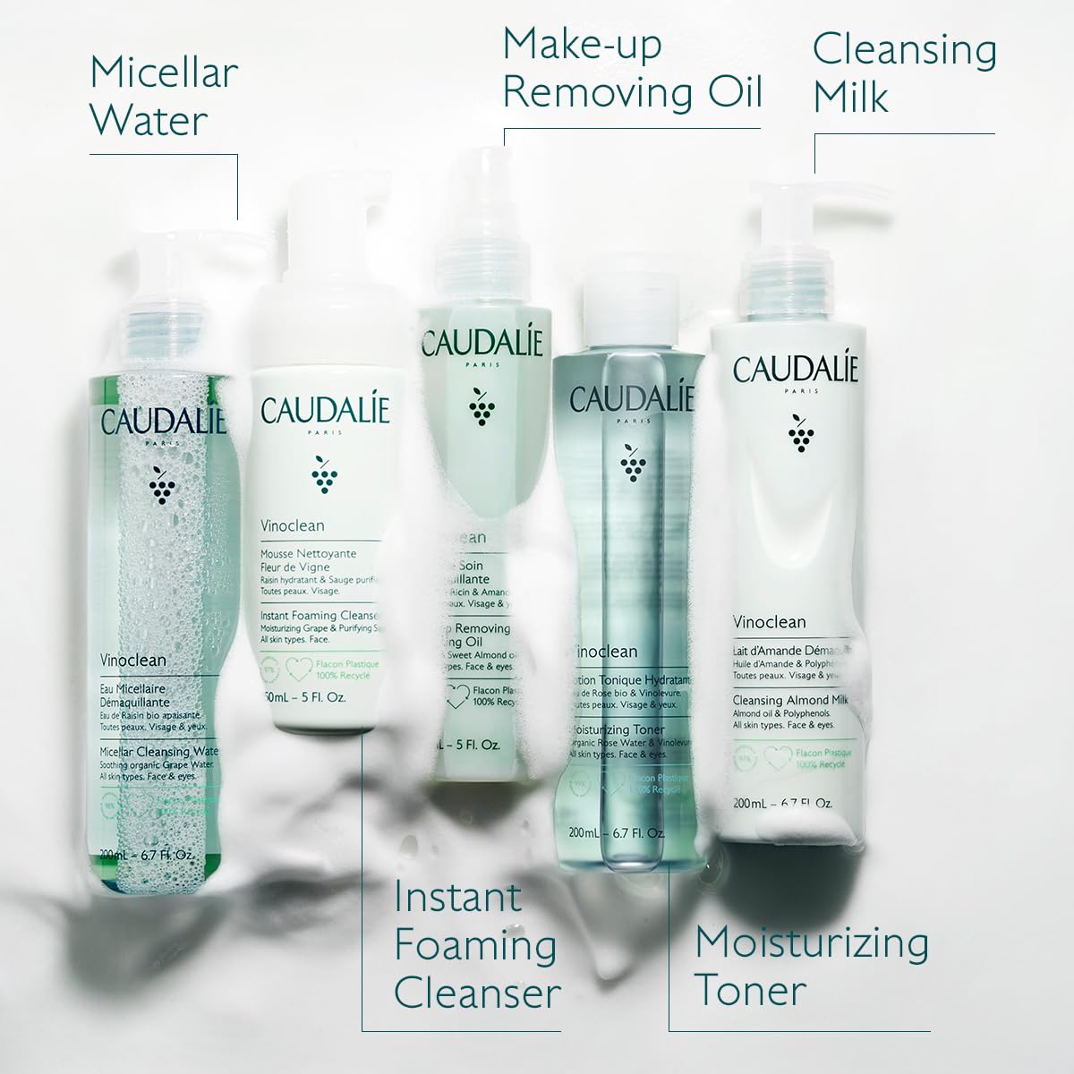 Caudalie Vinoclean Lait Nettoyant Doux, utilisation sans rinçage pour routine rapide.