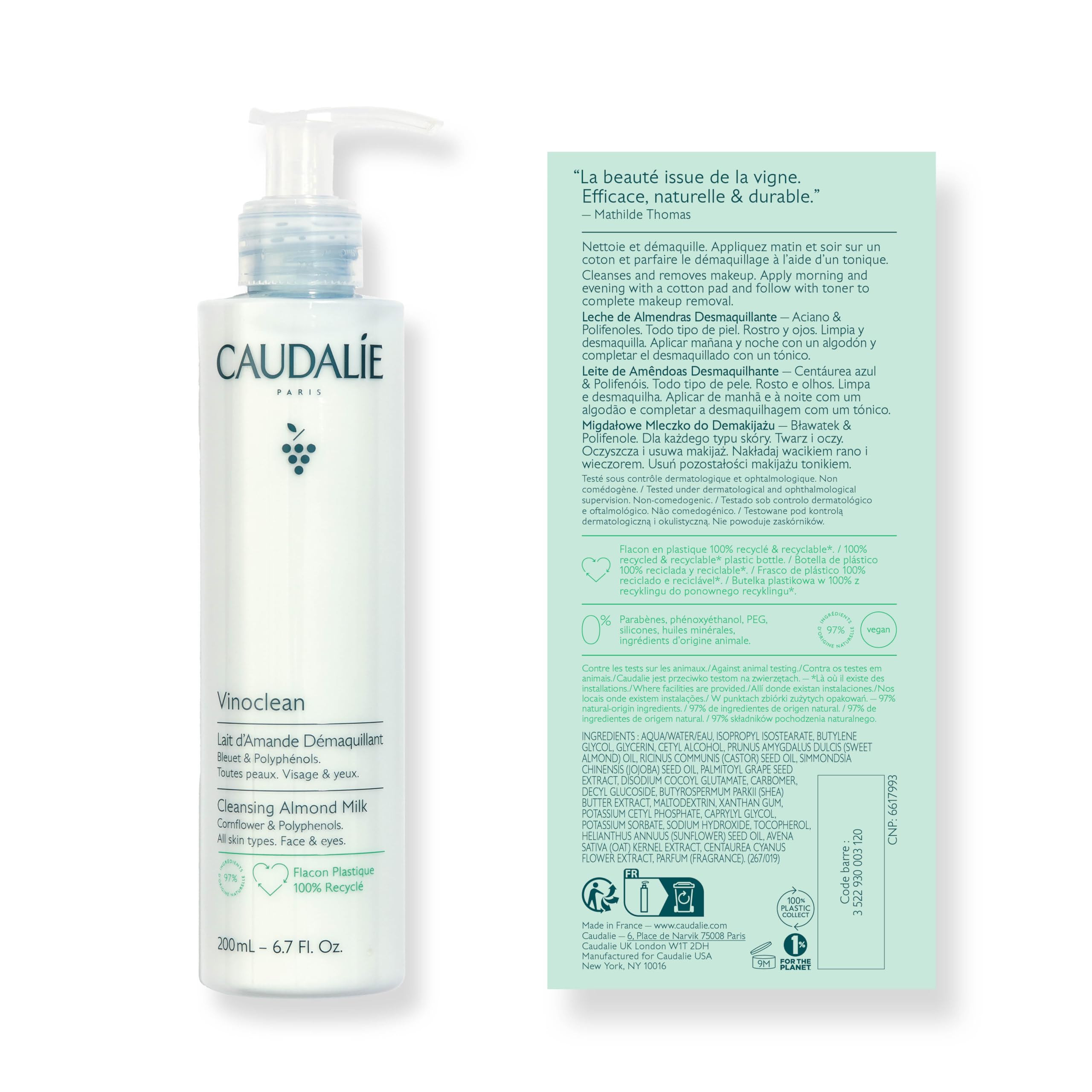 Caudalie Vinoclean Lait Nettoyant Doux, s’applique sur visage et cou pour démaquillage.