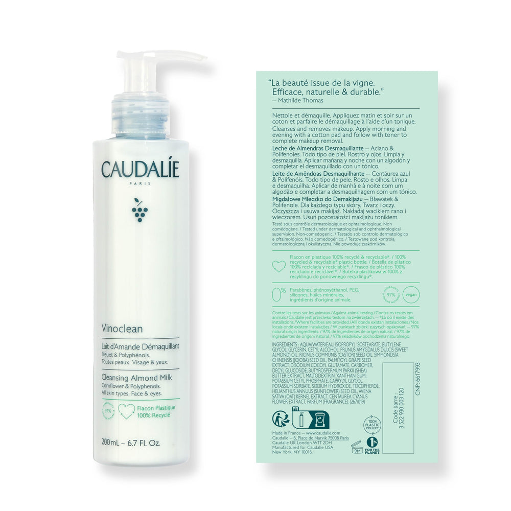 Caudalie Vinoclean Lait Nettoyant Doux, s’applique sur visage et cou pour démaquillage.