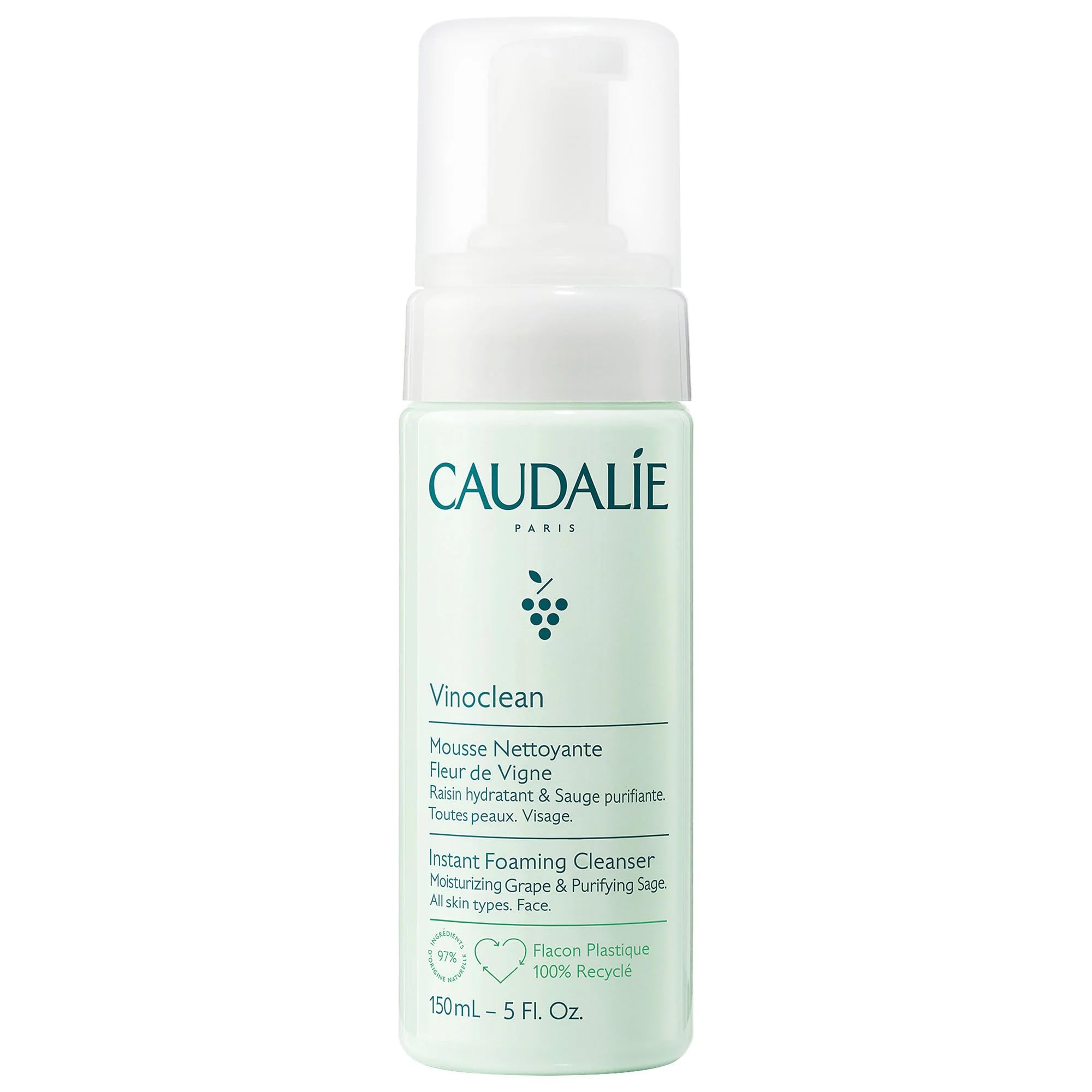 Caudalie Vinoclean limpiador espumoso en botella, limpia suavemente sin irritar la piel.