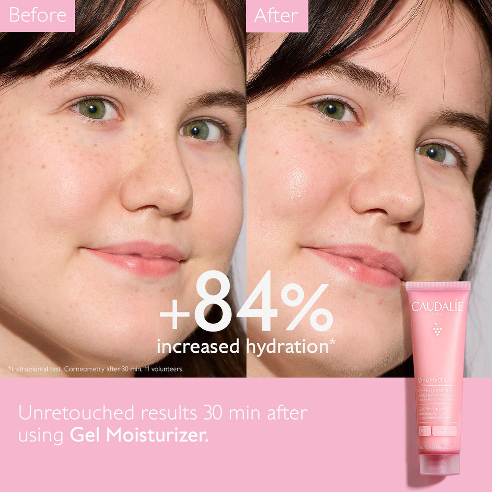 Caudalie VinoHydra Gel, texture fraîche qui pénètre rapidement et prépare la peau au maquillage.