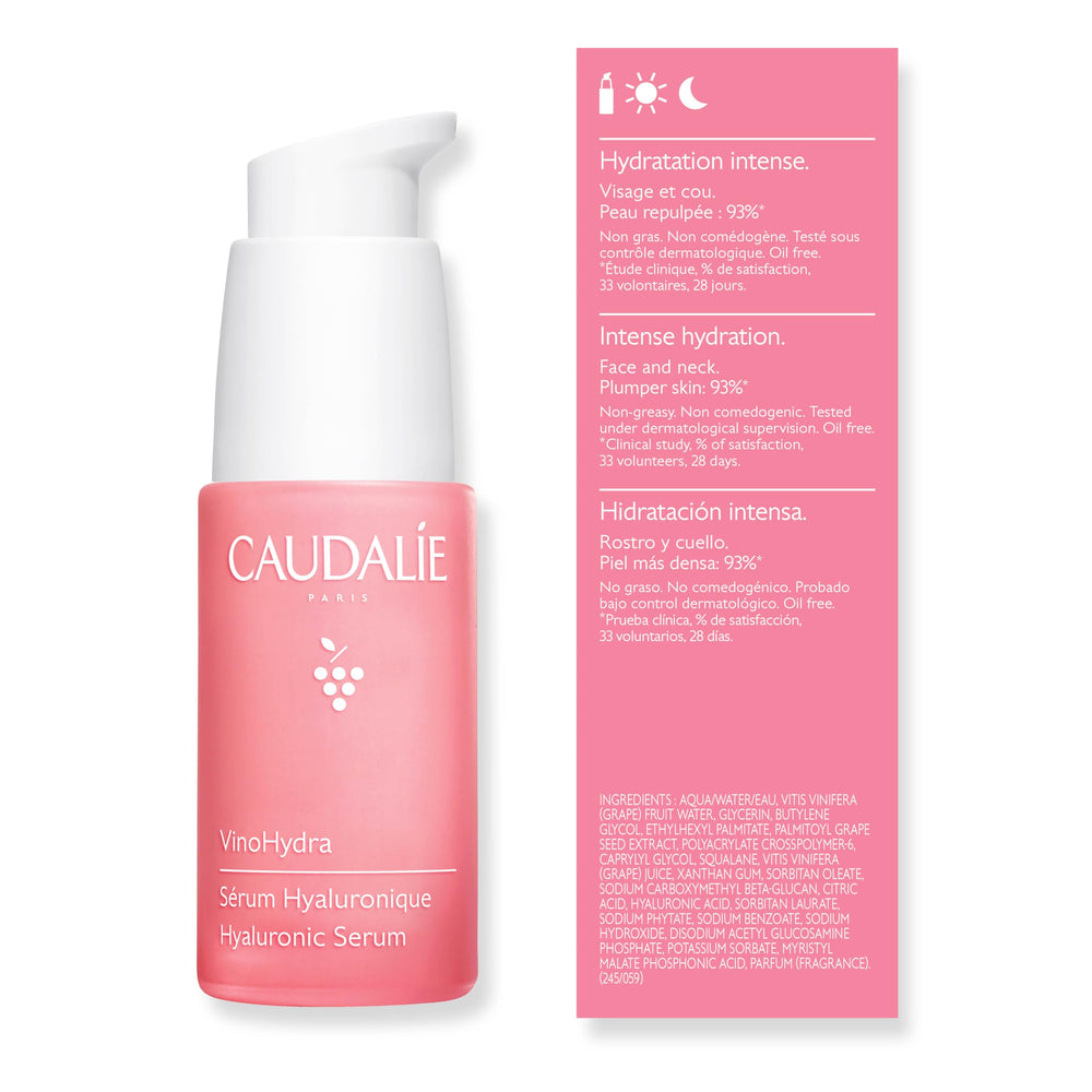 Ritual diario con Caudalie VinoHydra Serum y su etiqueta dermatológicamente probada.