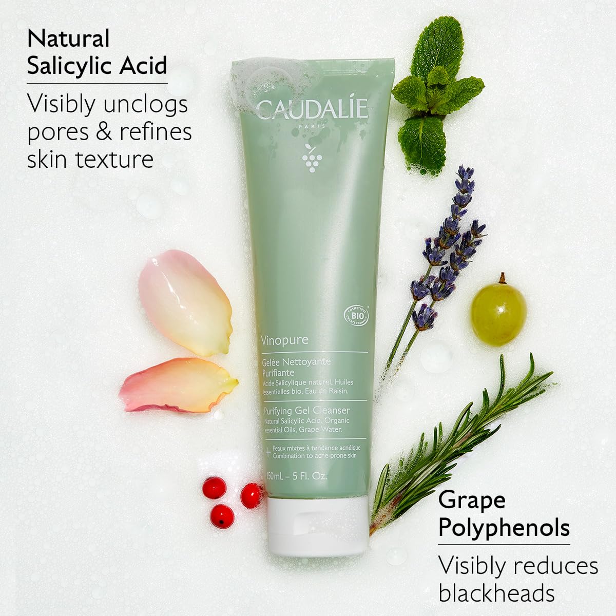 Caudalie Vinopure textura gel-espuma para limpieza suave.