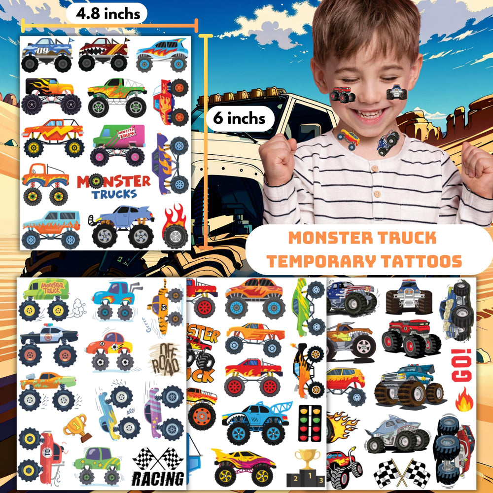 Tatuajes temporales Monster Trucks de CAVALATAT, coches de carrera para animar fiestas.