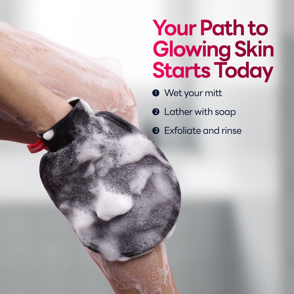 Guante exfoliante Caveem, paquete de dos, ahorro y conveniencia para la familia.