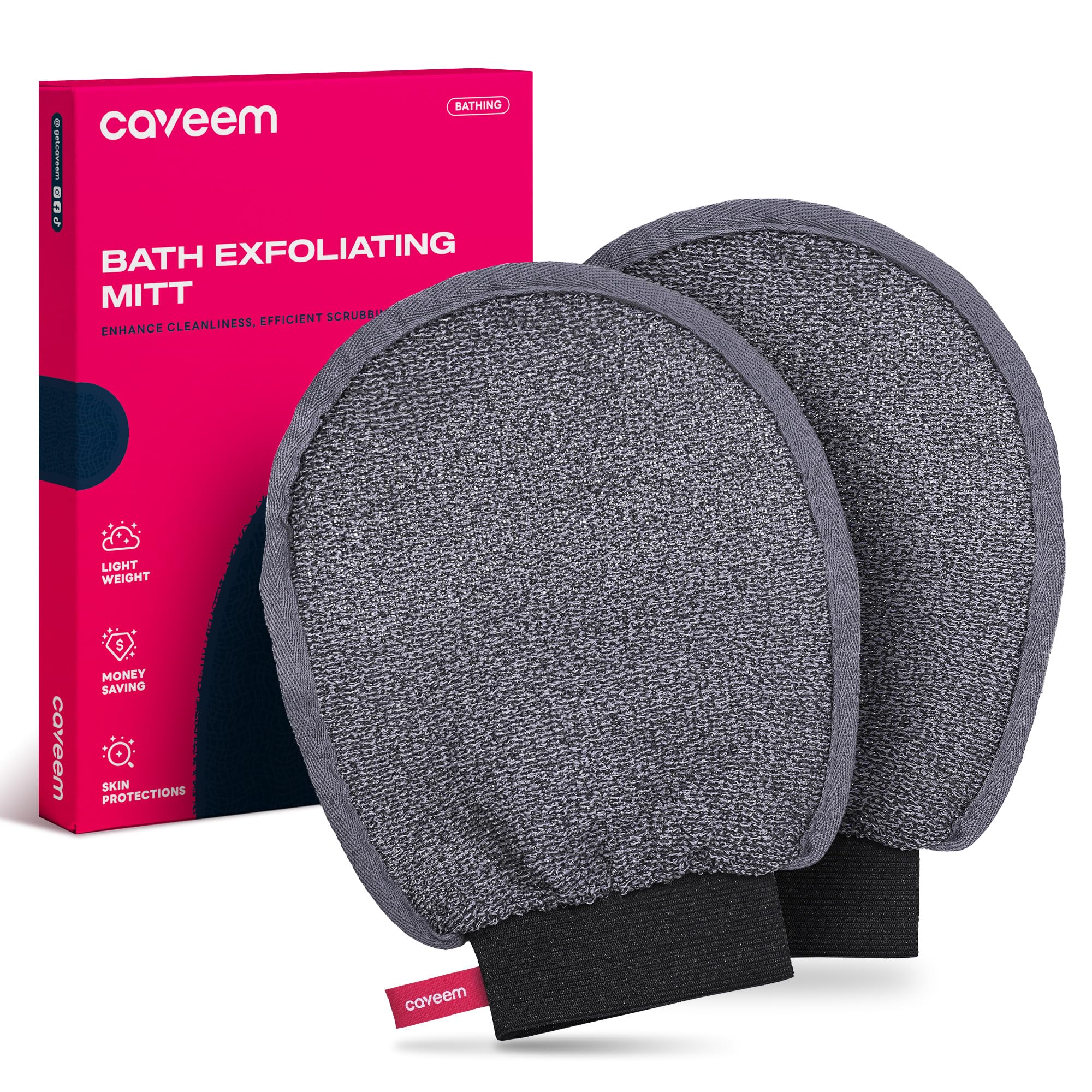 Guante exfoliante Caveem, textura masaje, exfoliación suave para piel más suave tras la ducha.