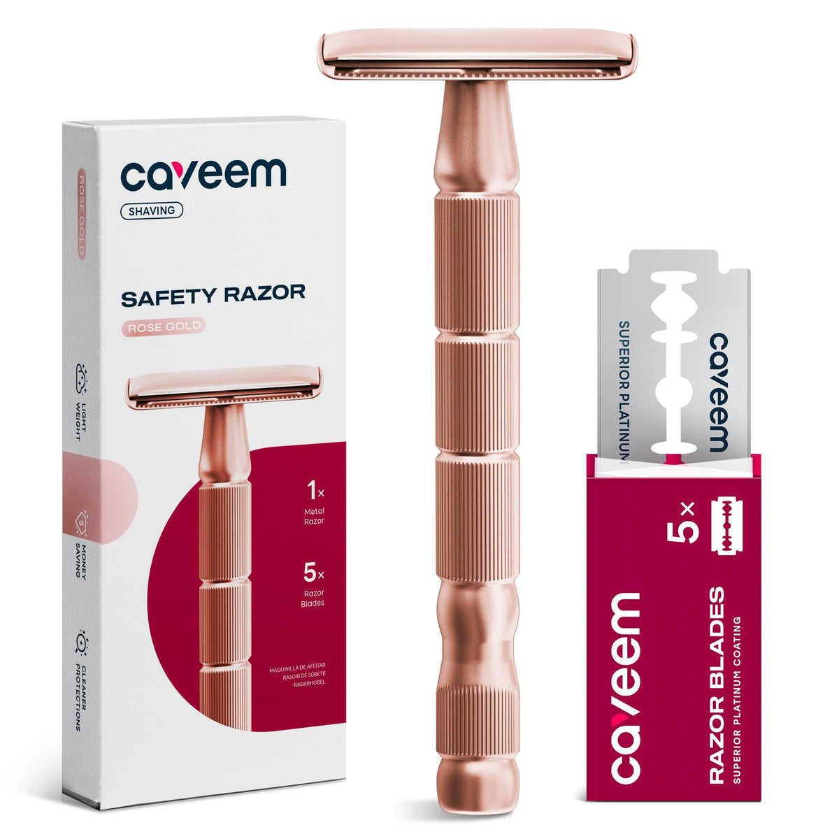 Rasuradora Caveem rosa dorado con borde doble para afeitado suave