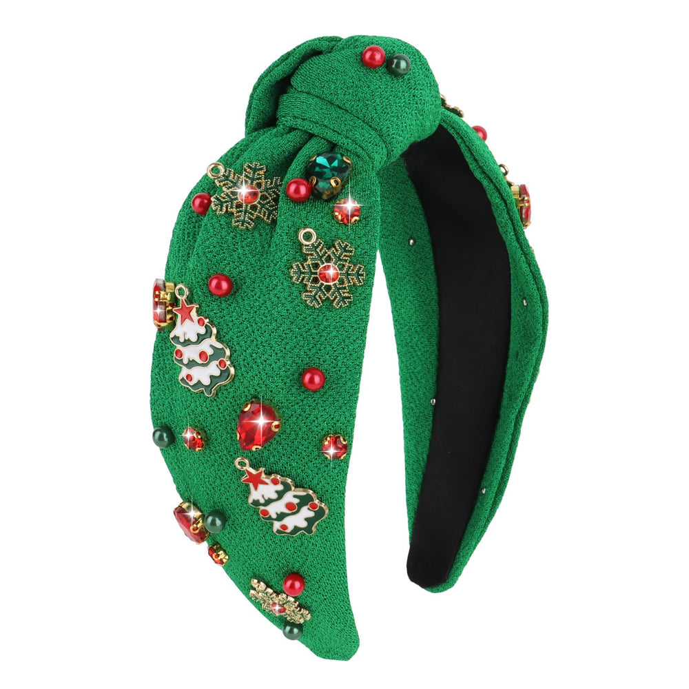 Diadema navideña verde de CAVETEE con nudo y piedras brillantes, ideal para fiestas
