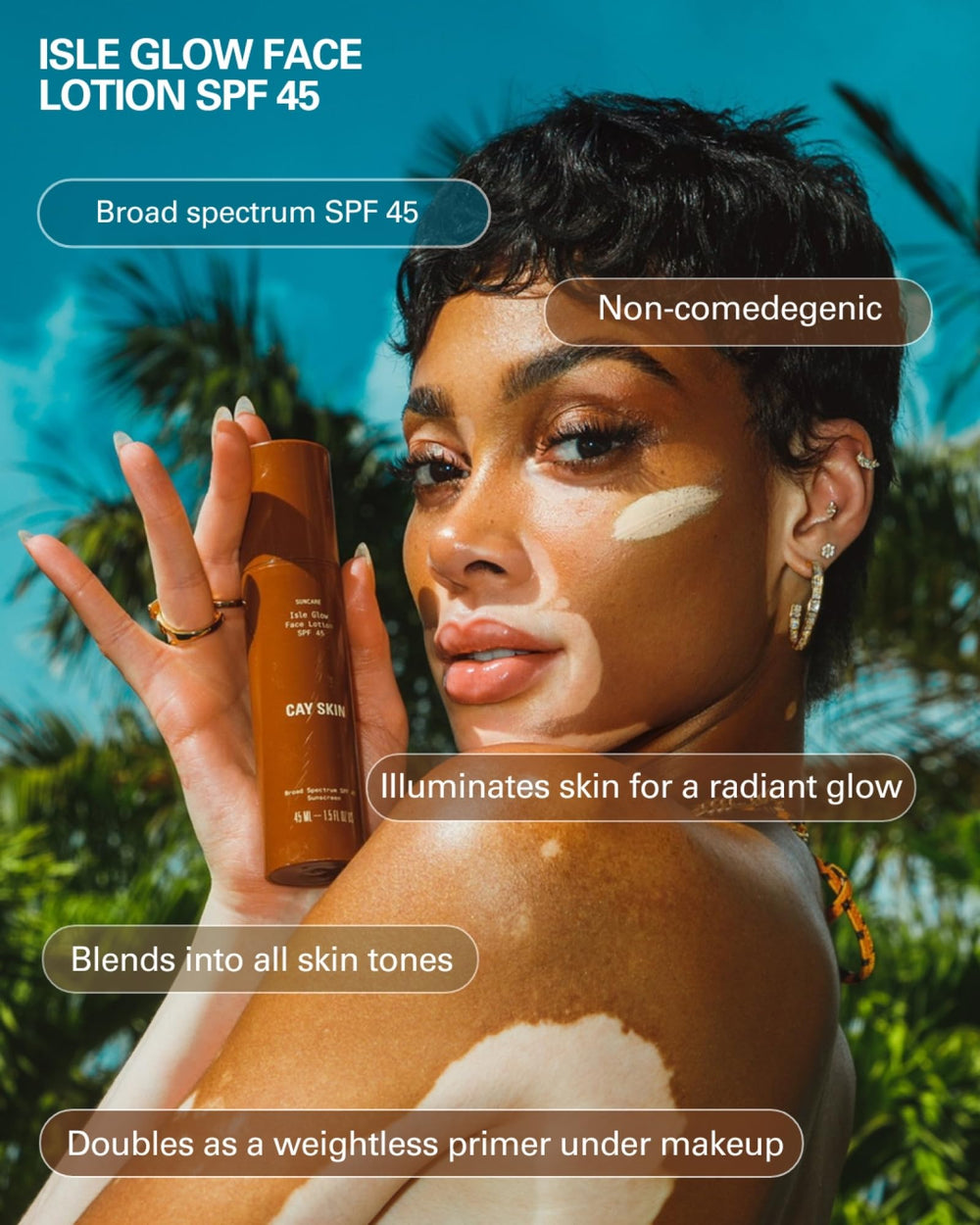 Cay Skin Isle Glow, textura perlada que se adapta a tonos de piel.