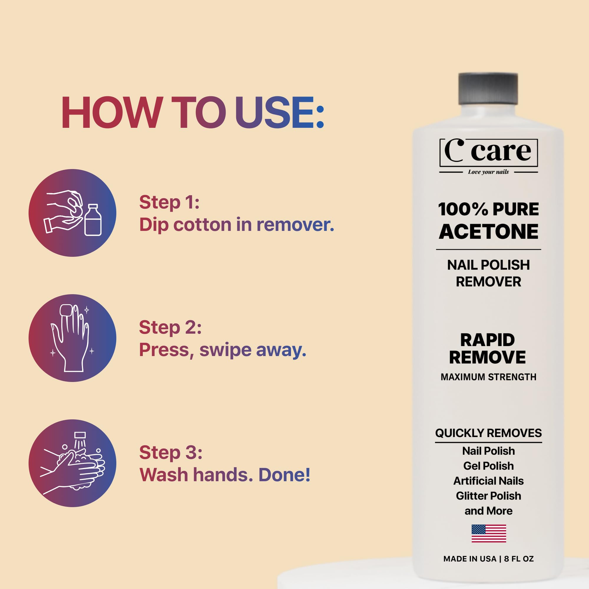 C CARE acetona pura: cuidado de uñas al remover sin resecar.