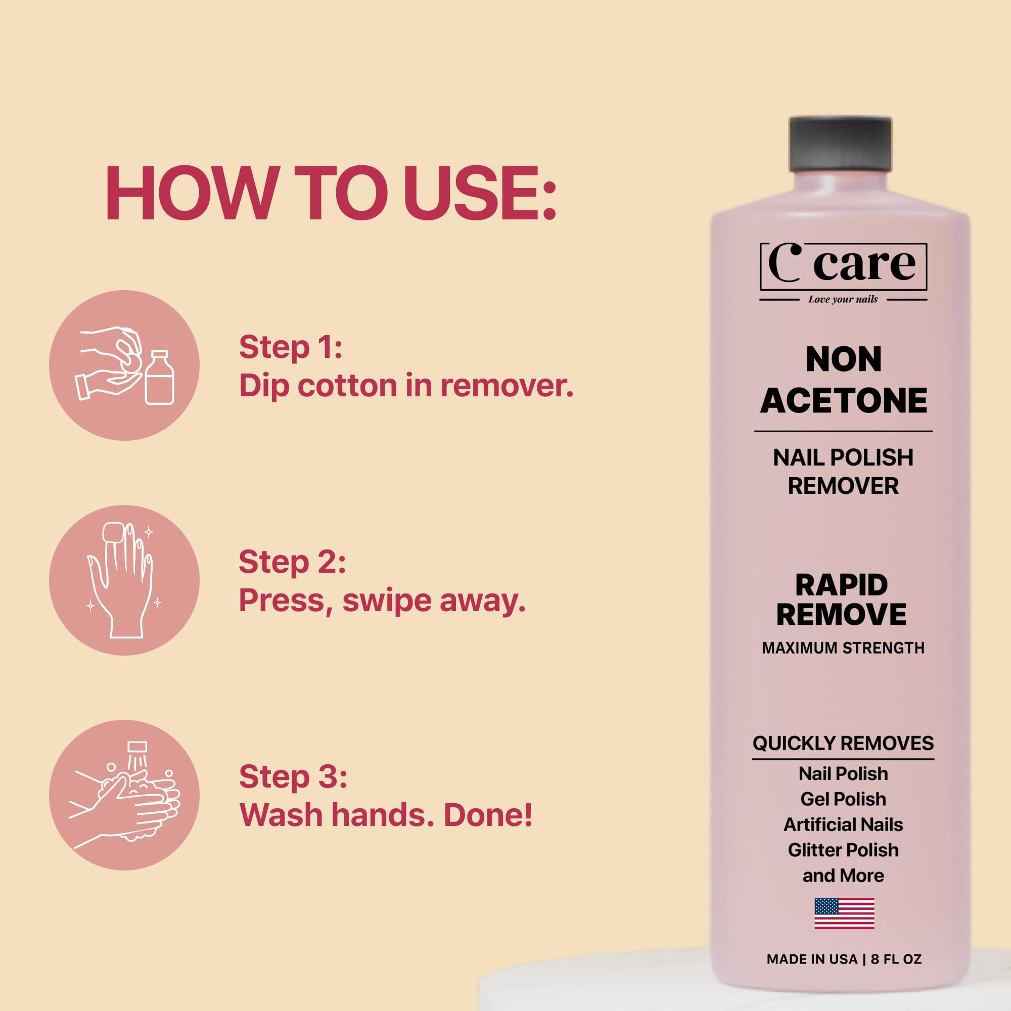 CCARE secado rápido sin residuos deja uñas listas para el siguiente color.