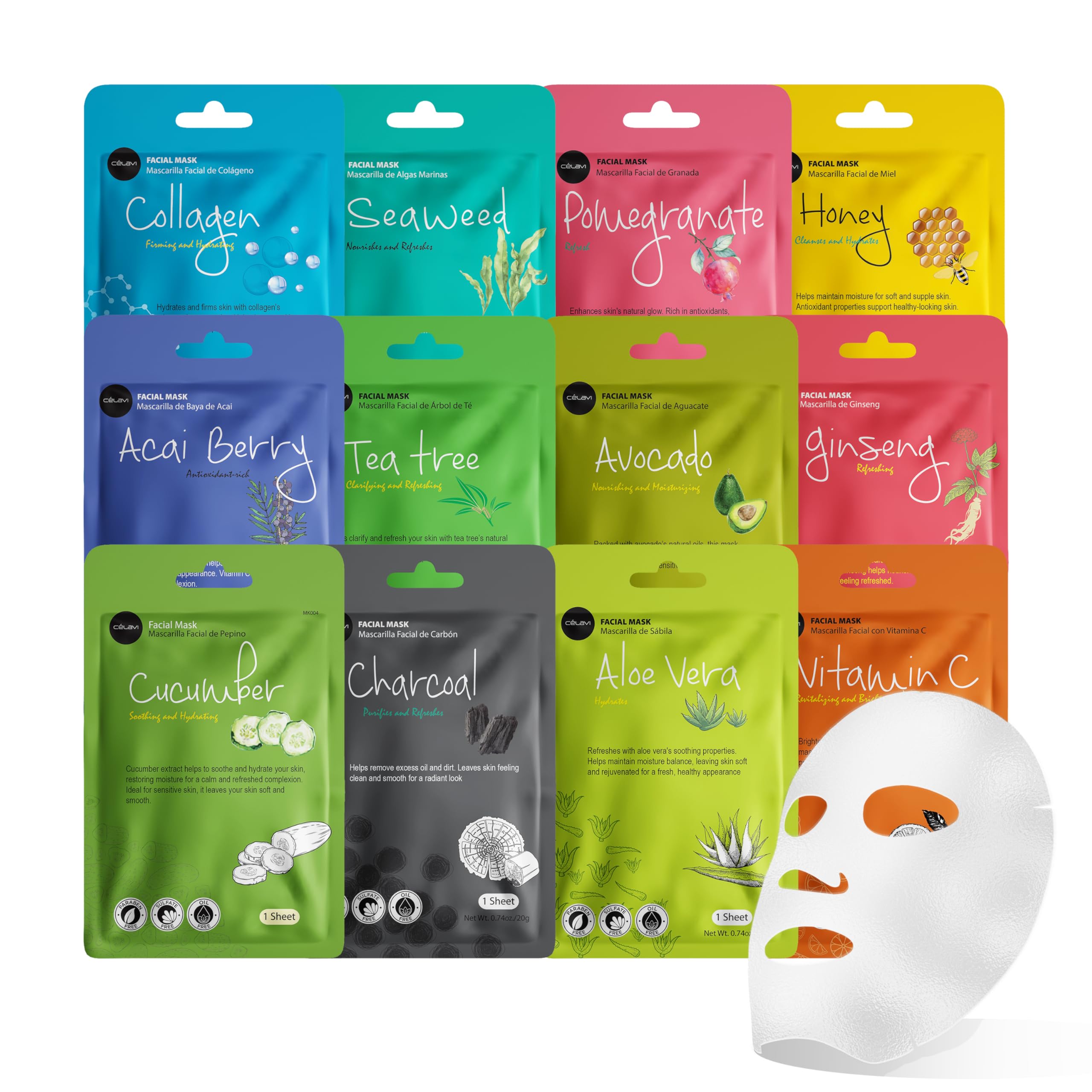 Celavi Cosmetics: variedad de 12 mascarillas de esencia para diferentes necesidades de la piel.