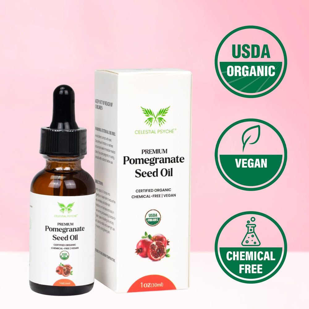 Cuidado capilar con Celestial Psyché aceite de granada para brillo y protección.
